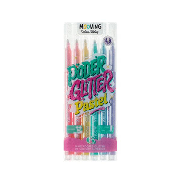 Marcadores Colores Glitter Pastel Poder Mooving x6
