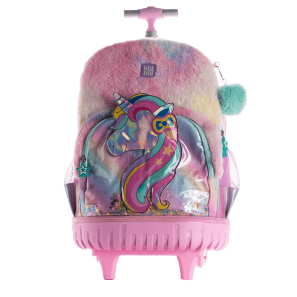 Mochila Escolar c/Carro Felpuda Unicornio 18 Pulgadas BigLife