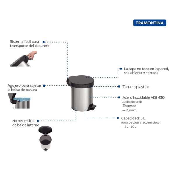 Cesto Tacho Basura Acero Inoxidable c/Pedal 94538/705 Tramontina 5L - Imagen 2