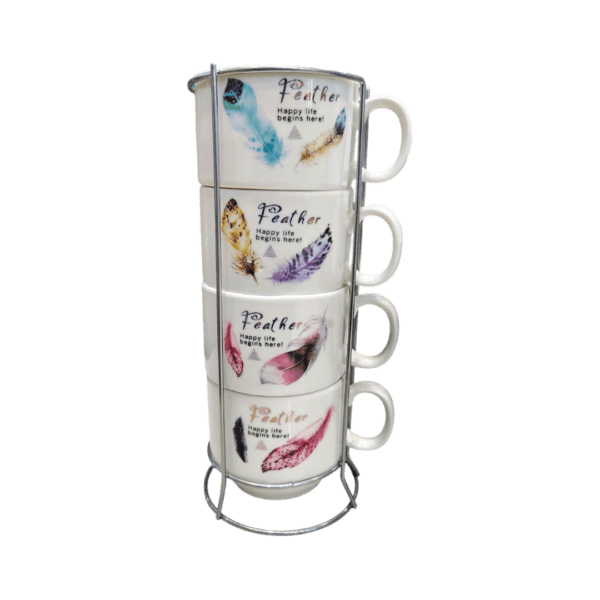 Set x4 Tazas de Cerámica Apilables Plumas Plateado 250ml