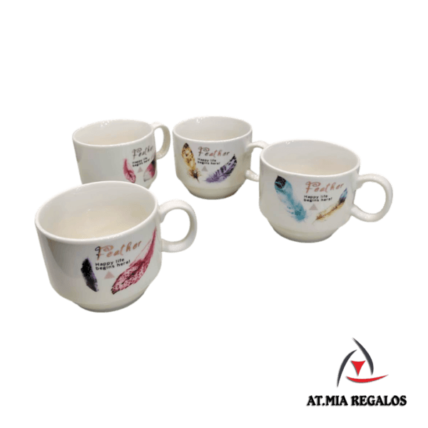 Set x4 Tazas de Cerámica Apilables Plumas Plateado 250ml - Imagen 2