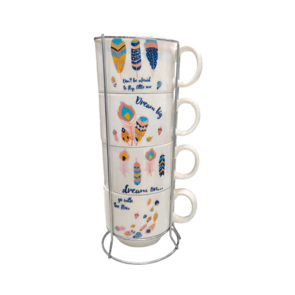 Set x4 Tazas de Cerámica Apilables Plumas 250ml
