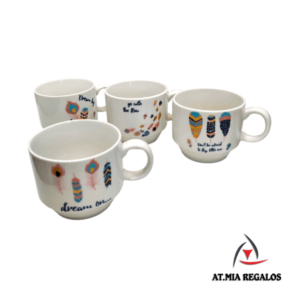 Set x4 Tazas de Cerámica Apilables Plumas 250ml - Imagen 2