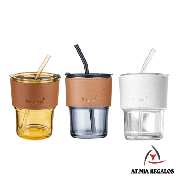Vaso de Vidrio c/Sorbete 400ml Cuero Tapa Diseño Liso - Imagen 2