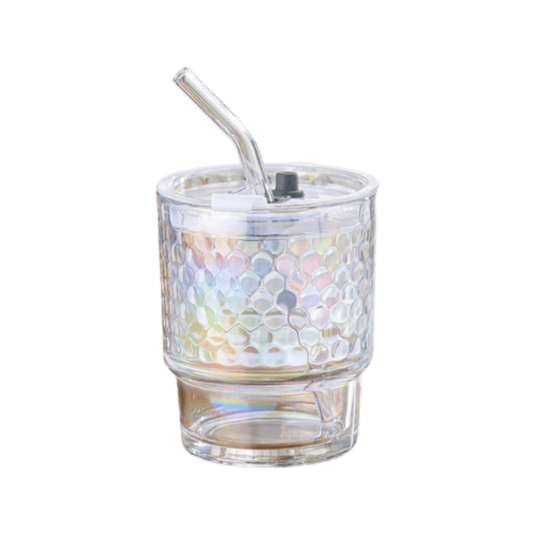 Vaso de Vidrio c/Sorbete 400ml Tapa Diseño Cromado Blanco