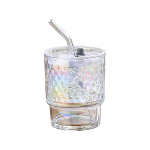 Vaso de Vidrio c/Sorbete 400ml Tapa Diseño Cromado Blanco