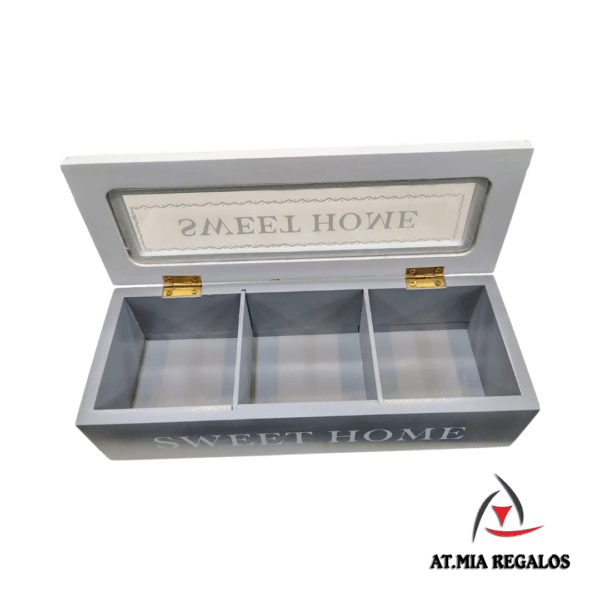 Caja De Té Madera Sweet Home 3 Divisiones Tapa Vidrio - Imagen 2