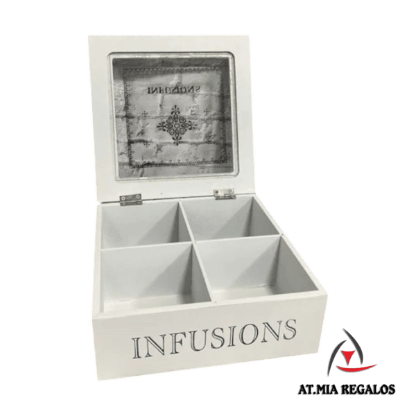 Caja De Té Madera Infusions 4 Divisiones Tapa Vidrio - Imagen 2
