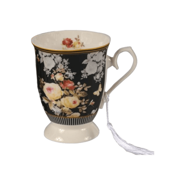 Taza De Cerámica Con Estuche/Caja Para Regalo Diseño Flores Negro 300ml