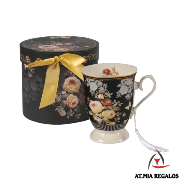 Taza De Cerámica Con Estuche/Caja Para Regalo Diseño Flores Negro 300ml - Imagen 2