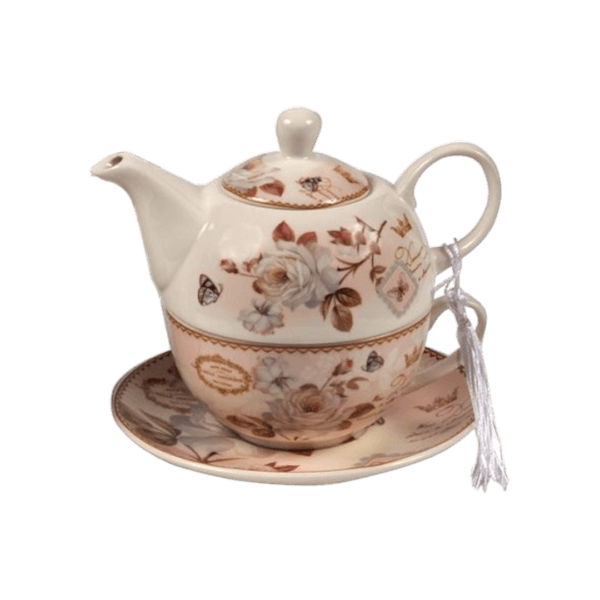 Taza de Cerámica c/Tetera y Plato Caja Regalos Diseño Flores Café 400ml