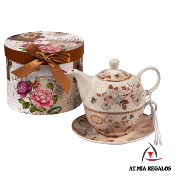 Taza de Cerámica c/Tetera y Plato Caja Regalos Diseño Flores Café 400ml - Imagen 2
