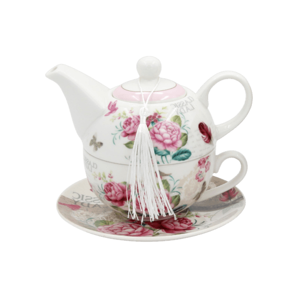 Taza de Cerámica c/Tetera y Plato Caja Regalos Diseño Flores Rosas 400ml