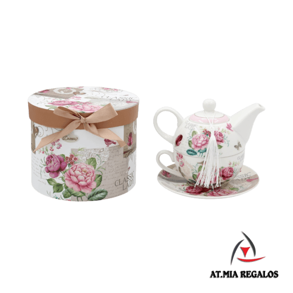Taza de Cerámica c/Tetera y Plato Caja Regalos Diseño Flores Rosas 400ml - Imagen 2