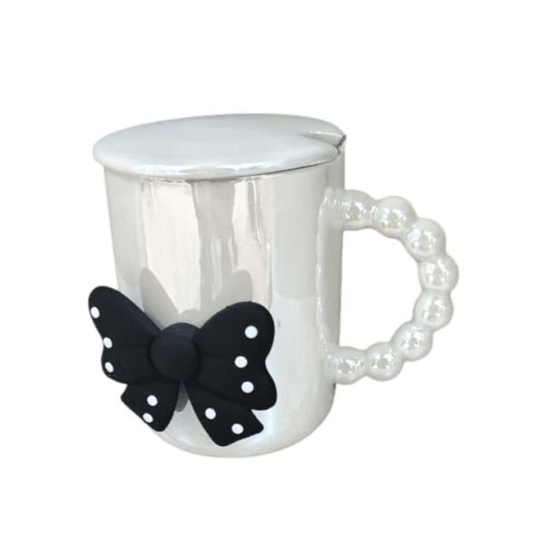 Taza de Cerámica c/Tapa y Cuchara Cromada Diseño Mariposa 330ml