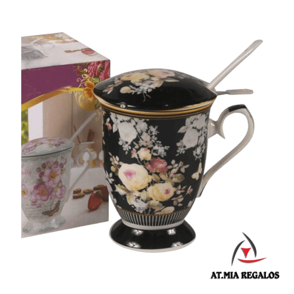 Taza de Cerámica c/Tapa y Cuchara Diseño Flores Negro 300ml - Imagen 2