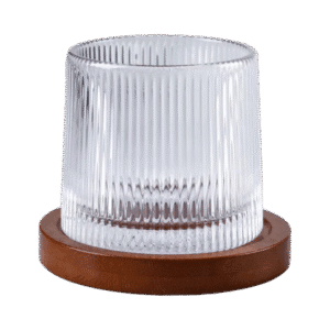 Vaso de Vidrio Whisky Giratorio C/Base de Madera Diseño Rayado 280ml