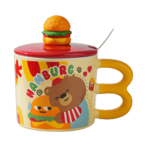 Taza de Cerámica Con Tapa + Cuchara Diseño Papa Frita 350ml