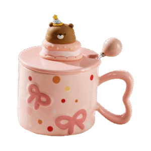 Taza de Cerámica Con Tapa + Cuchara Oso & Moño 370ml