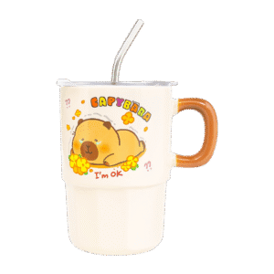 Taza de Cerámica Con Tapa + Sorbete Diseño Capibara 480ml