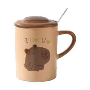 Taza de Cerámica Con Tapa + Cuchara Diseño Capibara 360ml