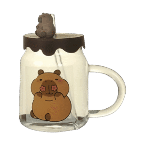 Taza de Vidrio Con Tapa + Cuchara Diseño Capibara 500ml