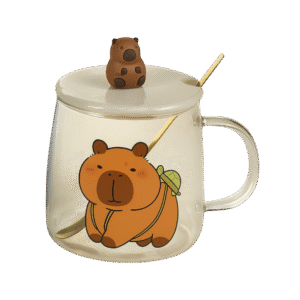 Taza de Vidrio Con Tapa + Cuchara Diseño Capibara 450ml