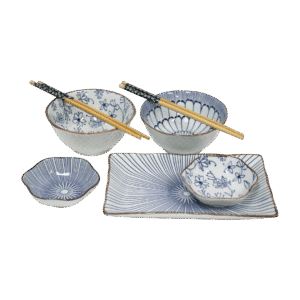 Set de Sushi Cerámica Premium Estilo Japonés Blanco y Azul x6