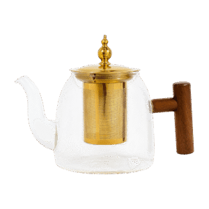 Tetera de Vidrio 1100ml c/Filtro Infusor Dorado Mango Madera