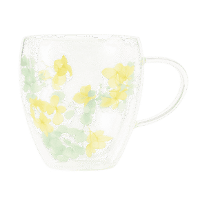 Taza de Doble Vidrio Diseño de Flores Amarillas y Verdes 250ml