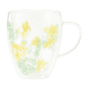 Taza de Doble Vidrio Diseño de Flores Amarillas y Verdes c/Asa 350ml