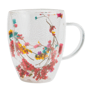 Taza de Doble Vidrio Diseño de Flores Multicolores c/Asa 350ml